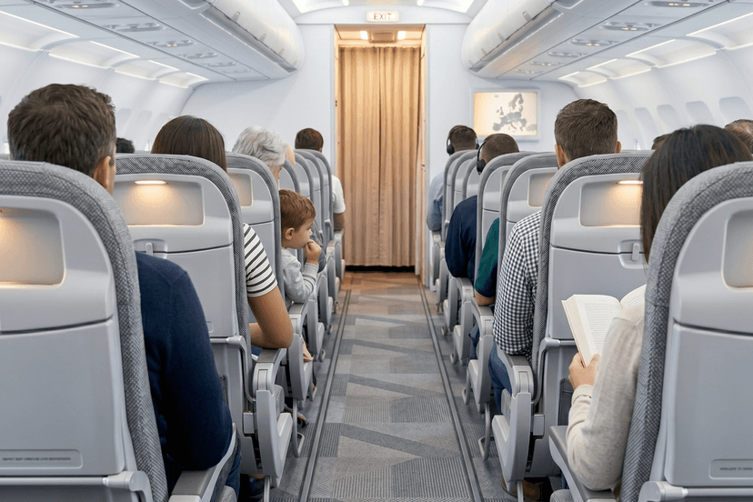 Eine Ansicht aus der Ich-Perspektive den zentralen Gang eines modernen Verkehrsflugzeugs hinunter. Passagiere, von hinten gesehen, besetzen die Reihen der grauen Sitze auf beiden Seiten. Auf der linken Seite sitzt ein Mann im dunkelblauen Pullover und ein Kind, auf der rechten Seite liest eine Frau ein offenes Buch. Am fernen Ende des langen Ganges ist ein beigefarbener Vorhang und ein beleuchtetes "EXIT"-Schild zu sehen, und moderne, lineare LED-Leuchten erstrecken sich über die Decke.