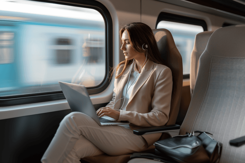 Geschäftsreisende mit Kopfhörern arbeitet am Laptop im Zug.