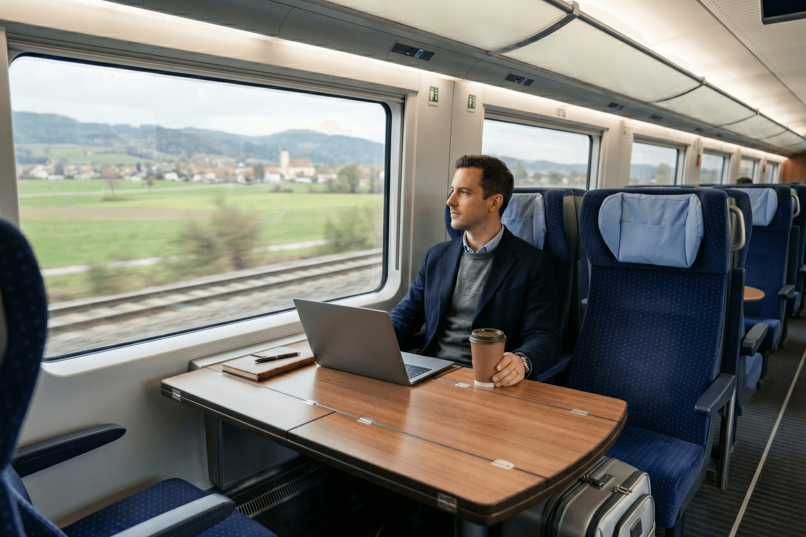 Geschäftsreisender arbeitet im Zug.